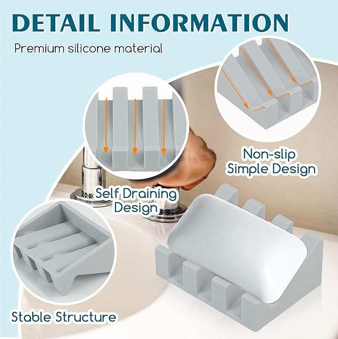 2 Pack Self Draining Silicone Soap Dish with Suction Cups - Non-Slip Bar Soap Holder for Shower & Kitchen, Waterfall Tray Keeps Soap Dry, Easy Clean, Extends Soap Life (Light Grey)