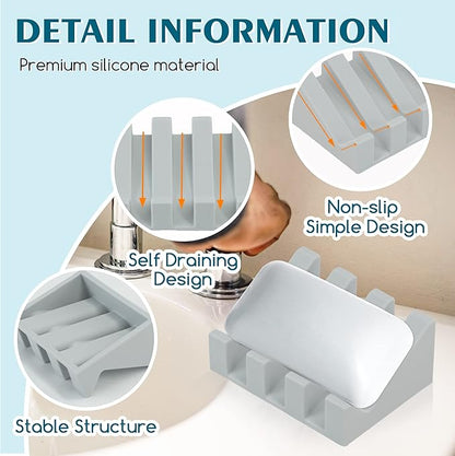 2 Pack Self Draining Silicone Soap Dish with Suction Cups - Non-Slip Bar Soap Holder for Shower & Kitchen, Waterfall Tray Keeps Soap Dry, Easy Clean, Extends Soap Life (Light Grey)