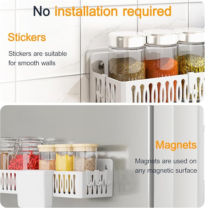 Sevenblue 4 Pack Large Magnetic Spice Rack for Refrigerator, Spice Rack Organizer, Moveable Magnetic Shelf Fridge Organizer with 4 Hooks for Kitchen and Oven Organization, White