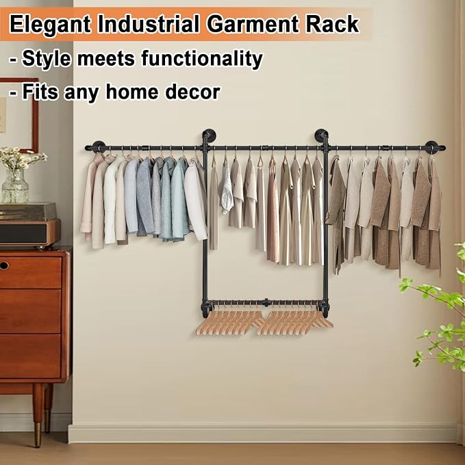 Livabber Industrial Pipe Clothes Rack, Heavy Duty Detachable Iron Garment Rack Wall Mounted, Rustic Saving Space Clothes Bar Multi-Purpose Hanging Rod for Bedroom, Closet, 2 Tier, Black (82 Inch)