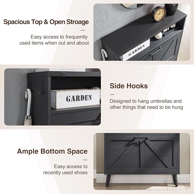 Barnyatoh Shoe Storage Cabinet, Farmhouse Shoe Organizer with 2 Flip Drawers & Barn Door,Freestanding Hidden Slim Narrow Shoe Rack Cabinet with Open Storage for Entryway, Foyer, Black