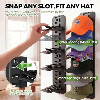 DIY 2Pack Hat Organizer – Holds 36 Hats (18 Each), Adjustable Clips, Adhesive or Screw Mount, for Baseball Caps & Snapbacks, Space-Saving Cap Holder & Hat Storage Wall Rack for Closet & Door, Black