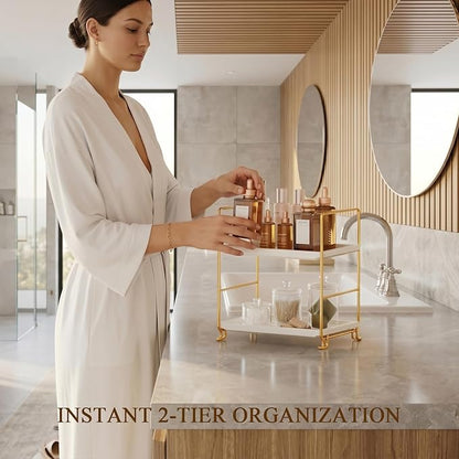 FSyueyun 2-Tier Bathroom Counter Organizer, Tool-Less Vanity Organizer for Skincare, Premium Plastic Bathroom Organizer Tray for Perfume & Cosmetics, （White & Gold）