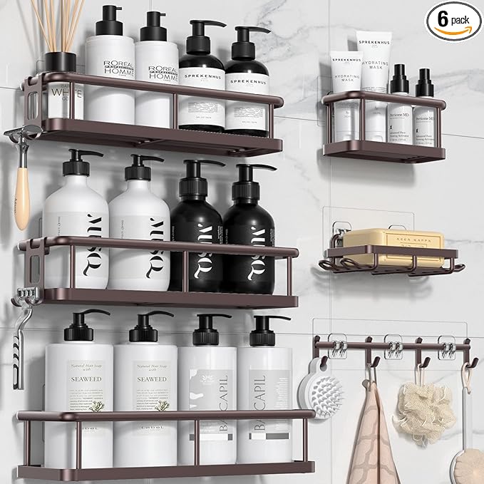 YASONIC Shower Caddy, 6 Pack Large Capacity shower Organizer with Soap Holder and 12 Hooks, Rustproof Shelves for Inside Shower, No Drilling&Sleek Bathroom Organizers and Storage Bronze XL