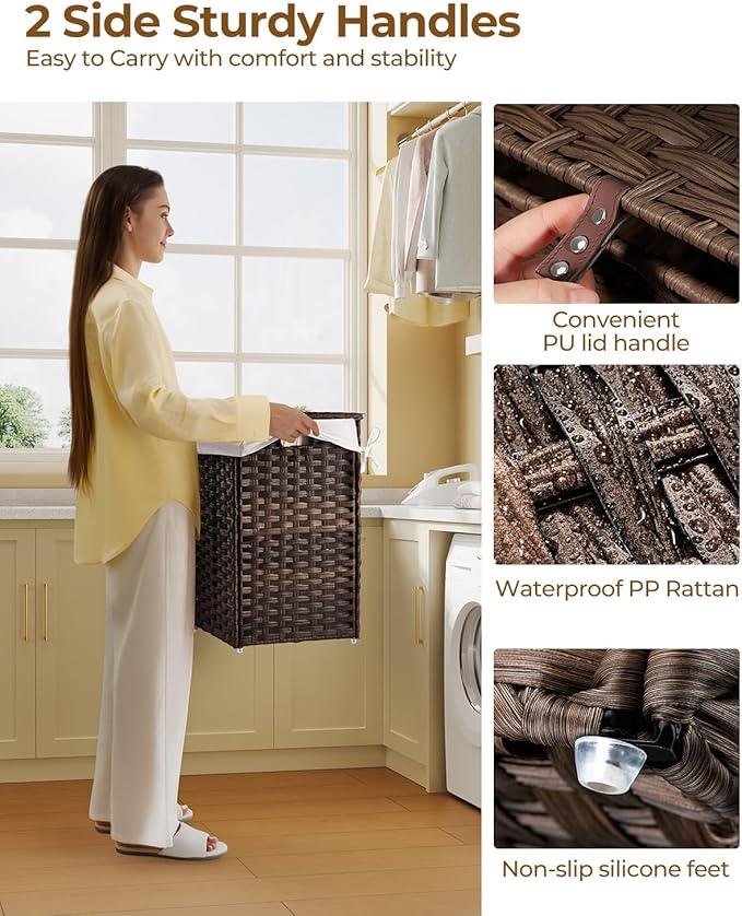 Greenstell Laundry Hamper with Lid, 60L Clothes Hamper with 2 Removable Liner Bags & 2 Mesh Laundry Bags, Handwoven Synthetic Rattan Laundry Basket for Clothes, Toys in Bathroom, Bedroom Brown