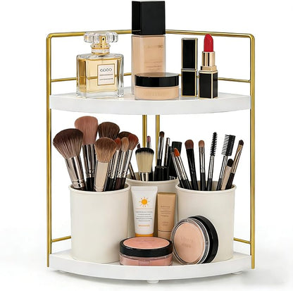 Bathroom Countertop Organizer, 2 Tier Wood Bathroom Counter Organizer, Vanity Organizers Corner Shelf for Makeup, Perfume, Skincare,Bedroom and Kitchen Storage (2 Tier,White and Gold)