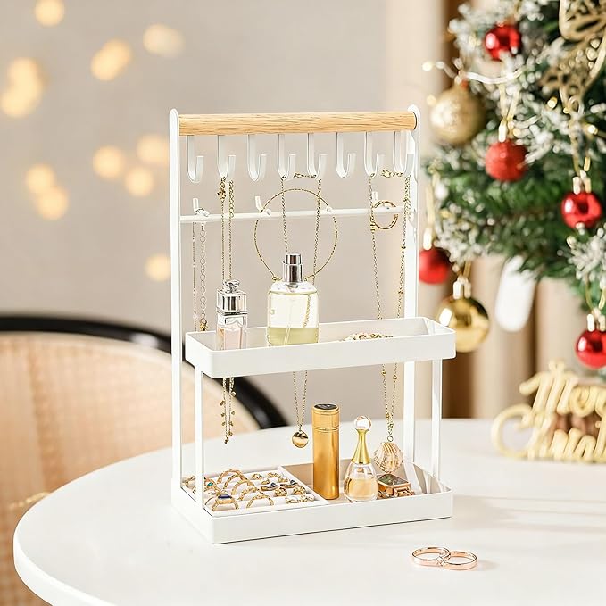 Lolalet 4-Tier Jewelry Organizer Stand with 12 Hooks, Necklace Bracelet Ring & Sunglasses Holder, Cute Metal Jewelry Storage Rack for Vanity, Dresser or Entryway, No Assembly -White