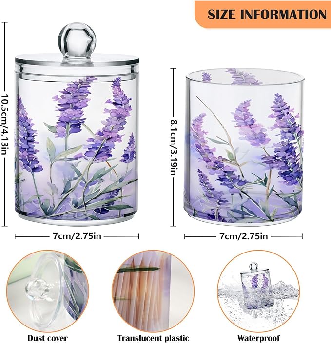 4 Pack Qtip Holder Dispenser Purple Lavender Floral A Cotton Ball Swab Round Pads Floss Clear Bathroom Storage Containers Plastic Apothecary Jars with Lids