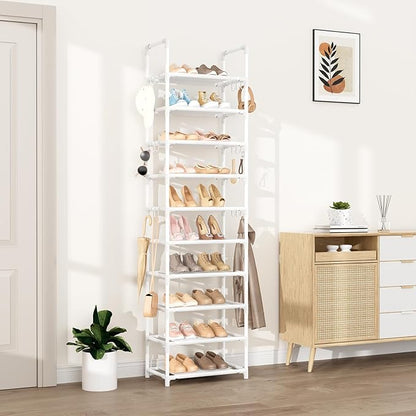 VTRIN 10 Tiers Tall Shoe Rack Holds 20-25 Pairs of Shoes Sturdy Vertical Shoe Organizer with 18pcs Hooks Stackable Narrow Shoe Rack for Closet, Entryway White