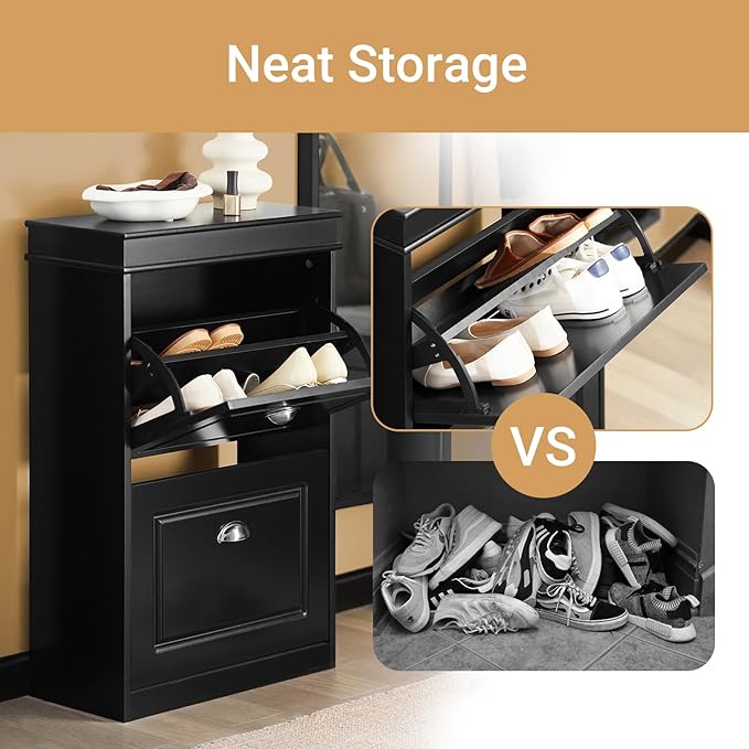 SoBuy Small Shoe Cabinet, Slim Shoe Rack 2 Flip-Drawers, Thin Shoe Storage Cupboard Organizer Unit for Entryway and Hallway, Black FSR78-SCH