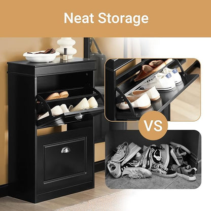 SoBuy Small Shoe Cabinet, Slim Shoe Rack 2 Flip-Drawers, Thin Shoe Storage Cupboard Organizer Unit for Entryway and Hallway, Black FSR78-SCH