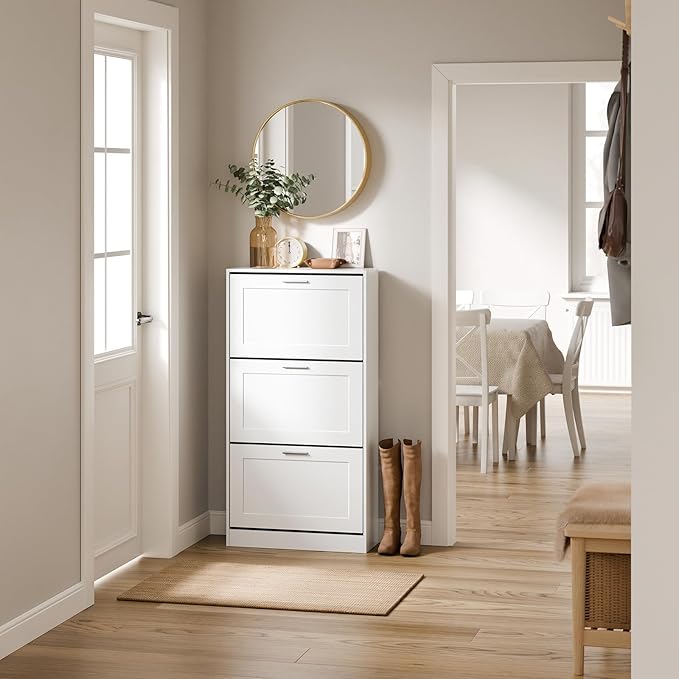 SoBuy Shoe Storage Cabinet Entryway, Freestanding Shoe Cabinet with 3 Flip-Drawers Fully Enclosed Tall Shoe Rack Shoe Organizer, White, FSR137-L-W