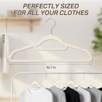 Sishynio Premium Velvet Hangers 30 Pack with Gold Hooks, Non-Slip, Space Saving Felt Clothes Hangers, Sturdy Slim Flocked Hanger for Dresses, Coats, Tie and Pants(Beige)