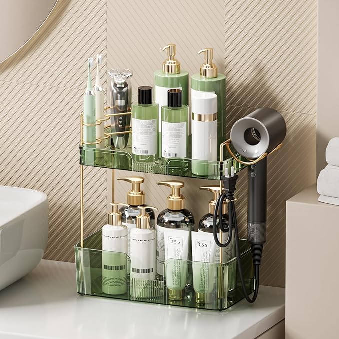Bathroom Counter Organizer for Vanity, Makeup Organizer Countertop with Holder, Large Capacity Storage Rack, Perfect Large Skincare, Hair Care, Perfume, Easy to Install (Green, 2Tiers)