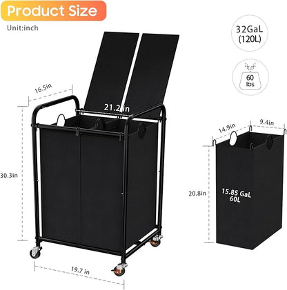 120L (31.7 Gal) Laundry Sorter 2 Section, Rolling Laundry Basket with Lockable Wheels and Lid, Laundry Hamper with 2 Separated Removable Bags Dirty Clothes Hamper for Laundry Room Organizer, Black
