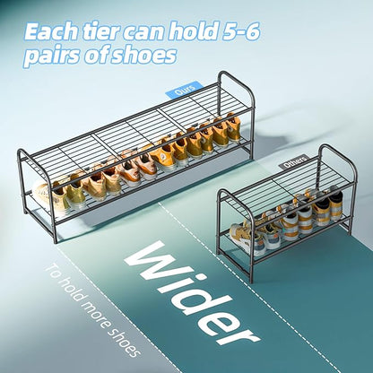 2 Tier Shoe Rack for Closet, 44 Inch Extra Wide Shoe Storage Organizer for Shelves, Heavy Duty Metal, Easy Assembly, Black