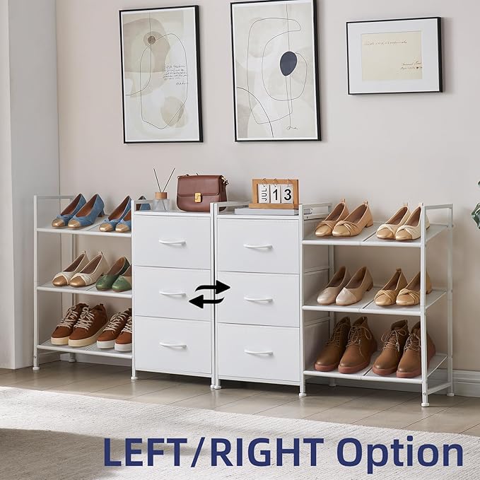 Somdot Shoe Rack, 3 Tier Shoe Organizer with 3 Drawers, Metal Shoe Storage Shelf for 6-9 Pairs of Shoes with Fabric Shelves and Wooden Top, Narrow Shoe Rack for Entryway, White Leather