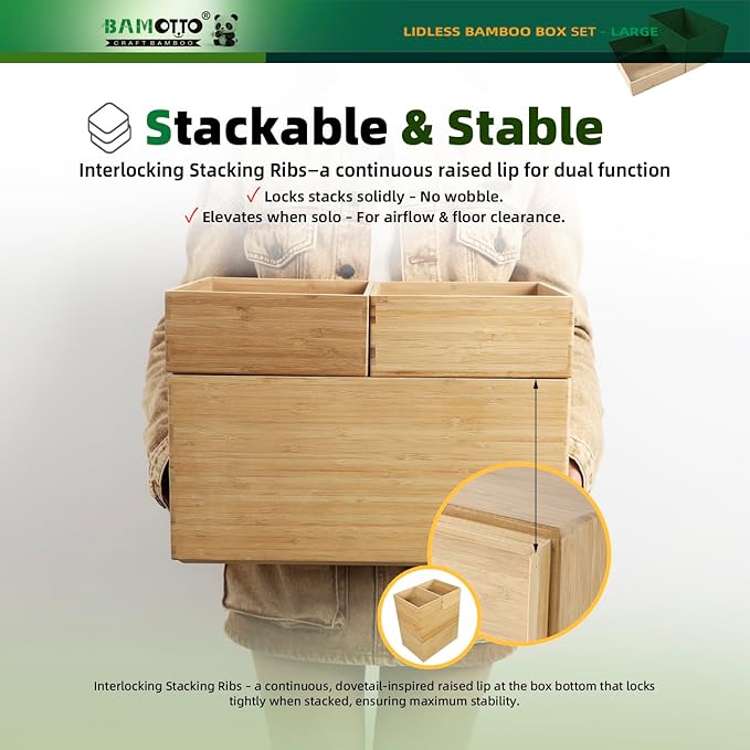 BAMOTTO CRAFTBAMBOO 3-Piece Large Bamboo Storage Box Set - 7.1in High Stackable Deep-Drawer Organizer, Lidless Bamboo Bin for Kitchen Cutlery Utensils Knives (14.6"x10.2"x7.1"*1 + 10.2"x7.3"x3"*2)