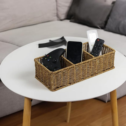 Waterproof Wicker Basket With 3 Compartments, Hand Woven Bathroom Counter Organizer, Small Storage Basket for Toilet Paper Storage, Countertop Shelf Toilet Tank (Light Brown)