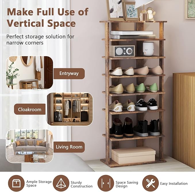 Giantex 8-Tier Wooden Shoe Rack, Patented Double Row Shoe Organizer for 16 Pairs, Customizable Height, Space-Saving Shoe Storage Stand for Entryway, Hallway, Living Room, Bedroom, Brown