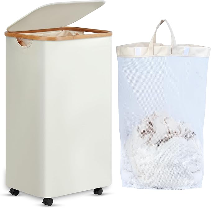 efluky Laundry Basket with Wheels, Tall Rolling Laundry Hamper with Lid and Removable Bag, Aesthetic Dirty Clothes Hamper on Wheels for Laundry Room, Bedroom, Dorm and Bathroom, 100L Black