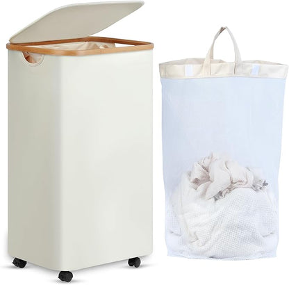 efluky Laundry Basket with Wheels, Tall Rolling Laundry Hamper with Lid and Removable Bag, Aesthetic Dirty Clothes Hamper on Wheels for Laundry Room, Bedroom, Dorm and Bathroom, 100L Black