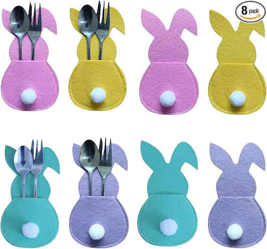 Easter Bunny Cutlery Bags Flatware Holder Bunny Shape Silverware Felt Utensil Cutlery Holders Pouch Bags Utensil Sleeve Pockets for Spring Birthday Table Place Settings Tableware Party Supplies 8Pcs