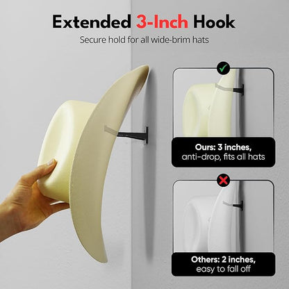 Modern JP Adhesive Cowboy Hat Hooks for Wall (12-Pack) – 3-Inch Wall Mount for Secure Hold, Wide Brim Hat Organizer, Western Room Decor – Black