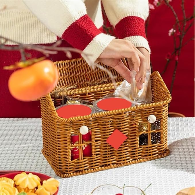 Rattan House Shape Storage Basket with Lid, Small Doll House, Decorative Hand Woven Shelf Organizer with Handle, Natural Harvest Wicker Basket for Picnics, Organizing, Storage (A, 1)