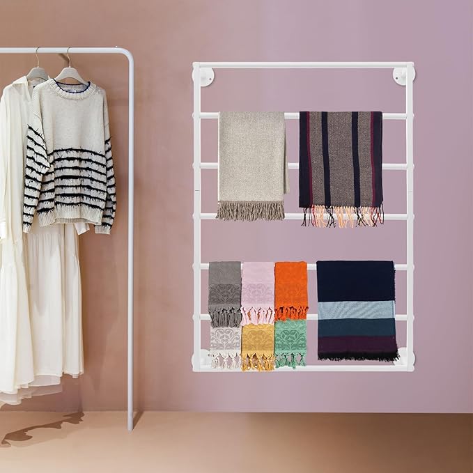 Wall Mounted Display Rack, 7-Tier Wall Mounted Scarf Rack, White Towels Storage Rack, Wrapping Paper Ribbon Organizer, Metal Wall Display Rack for Bedroom, Retail Store, Flower Shop