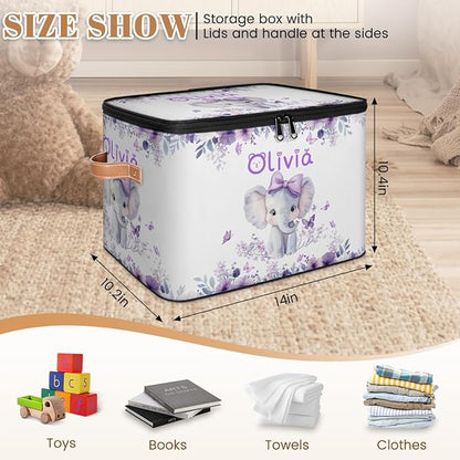 Custom Elephant Storage Bins with Lid, Foldable Personalized Storage Basket Boxes with Handle Purple Flowers Shelf Basket Closet Organizer Cube