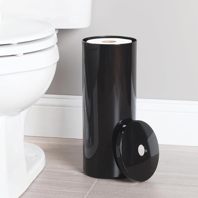 iDesign Freestanding Toilet Paper Canister with Lid for 3 Extra Rolls, Black, Made in USA