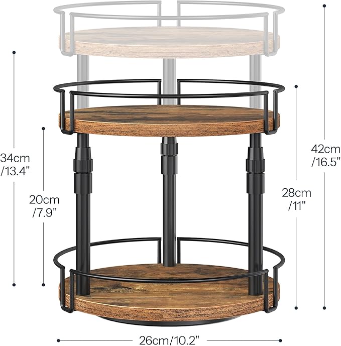 HOOBRO Lazy Susan Organizer Spice Rack, 2-Tier Height Adjustable Rotating Spice Organizer, for Kitchen Countertop and Cabinet, Rustic Brown BF05TL01