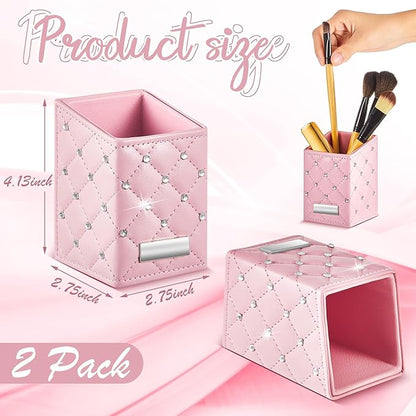 ReliThick 2 Pcs Pink Makeup Brush Holder, Crystal Bling PU Leather Vanity Organizer, Waterproof Glitter Cosmetic Brush Cup for Dresser Countertop Decor Gift for Women