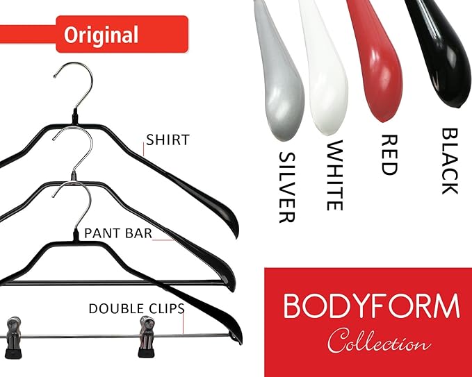 Mawa by Reston Lloyd BodyForm Series Non-Slip Space-Saving Clothes Hanger with Bar for Pants, 16-1/2", Style 42/LS, Set of 6, White