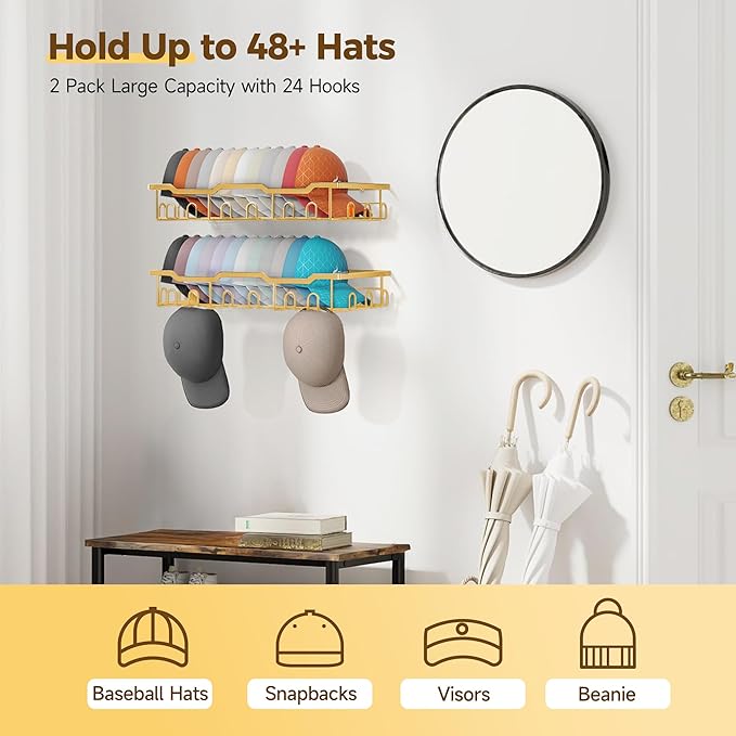 Nicetree Hat Racks for Baseball Caps Wall - Metal Hat Organizer for 48 Baseball Caps Holder, 2 Pack Hat Storage Organizer for Closet, Bedroom, Living Room Gold