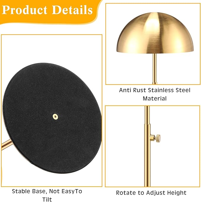 Sintuff 4 Pcs Hat Display Stand:adjustable 7.9-15.7inch Wigs Head Holder Stand Non Slip Stainless Steel Metal Rack for Multiple Hats Wig Storage Styling Practice(Gold,Round Base)