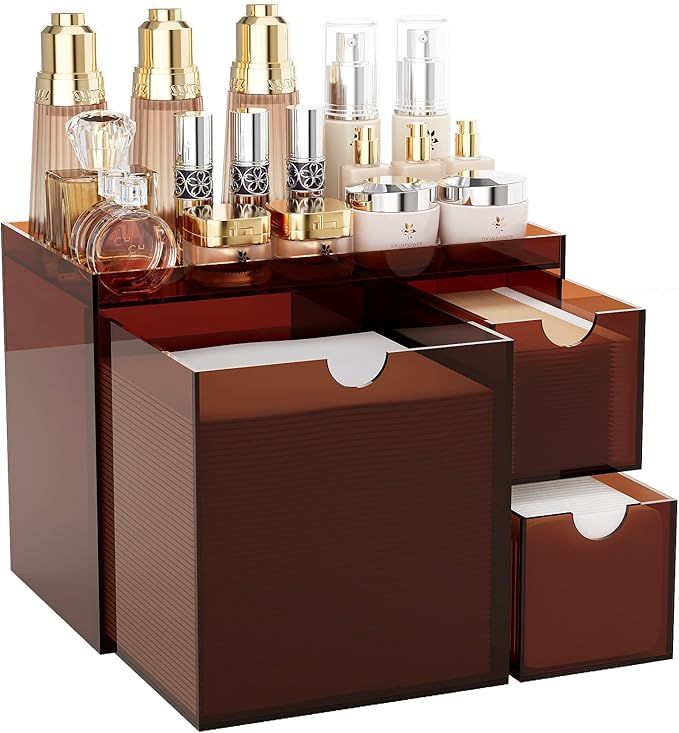 Youdepot Acrylic Face Towel Holder with Drawer – 4-Layer Disposable Face Towel Holder Organizer Box – Bathroom Countertop Storage for Cotton Pads, Swabs, and Skincare(Amber)