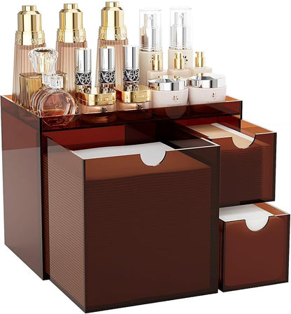 Youdepot Acrylic Face Towel Holder with Drawer – 4-Layer Disposable Face Towel Holder Organizer Box – Bathroom Countertop Storage for Cotton Pads, Swabs, and Skincare(Amber)