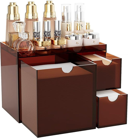 Youdepot Acrylic Face Towel Holder with Drawer – 4-Layer Disposable Face Towel Holder Organizer Box – Bathroom Countertop Storage for Cotton Pads, Swabs, and Skincare(Amber)
