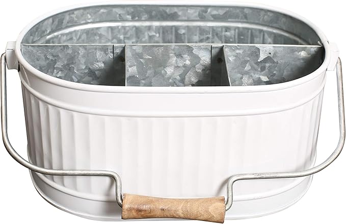 Alpha Living Home Rustic Heavy Duty Alloy Multi-Compartment Silverware Caddy - Metal Utensil Versatile All-in-One Organizer for Kitchen, Bathroom & Office Utensils, Flatware, and Accessories (White)