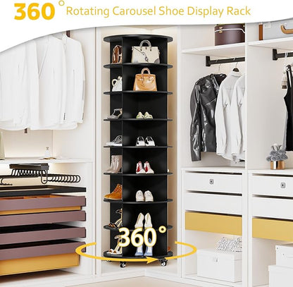 8 Tier Rotating Shoe Rack, Shoe Tower Organizer with 4 Universal Casters, Spinning Lazy Susan Display Storage Rack Round Carousel Vertical Handbag Closet (Dark Black, 23.6’’×23.6’’×74’’)