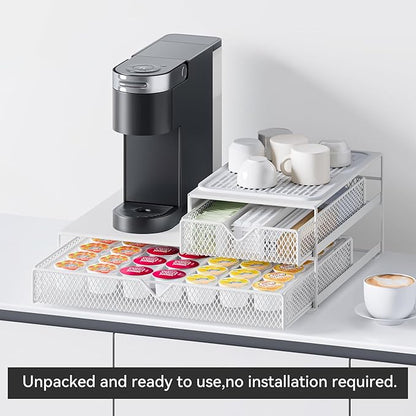K Cup Organizer for Countertop - Solid Metal 60 Coffee Pod Holder Storage Drawer, Reinforced Steel Stand Compatible with Keurig K-Cup Pods, Anti-Vibration & No-Sag Design, No Assembly Required (White)