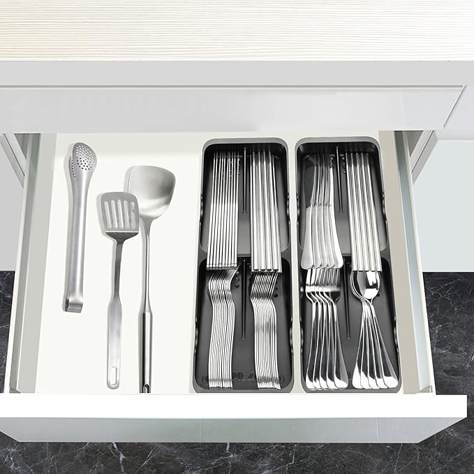 Kitchen Drawer Organizer Small Silverware Organizer/Utensil Holder and Cutlery Tray for Flatware and Silverware Partition Storage (Black - Flatware Organizers Only)