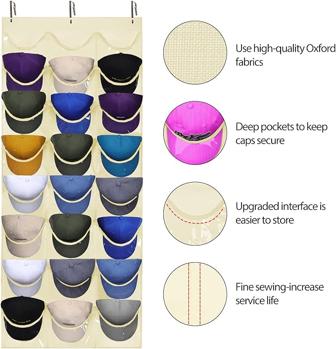 Dofilachy Hat Rack - Hat Organizer - Hat Racks for Baseball Caps, Visible Hat Holder - Baseball Hat Rack for Wall Door with 3 Hooks, 24 Deep Pockets (Beige,large)