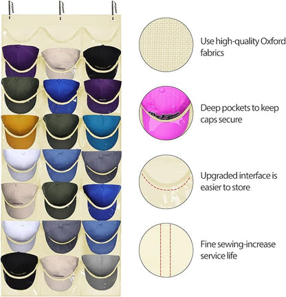 Dofilachy Hat Rack - Hat Organizer - Hat Racks for Baseball Caps, Visible Hat Holder - Baseball Hat Rack for Wall Door with 3 Hooks, 24 Deep Pockets (Beige,large)