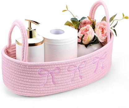 Vesici Pink Bow Woven Storage Basket for Toilet Tank Top Boho Cotton Rope Bathroom Countertop Organizer Basket with Handle Pink Bathroom Decor for Bedroom Nursery Toys Organizing, 13 x 6 x 4 Inch