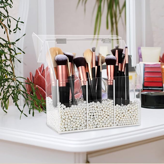 Vevitts Acrylic Makeup Brush Holder, Clear Cosmetic Storage Box with 3 Brush Holders, Dust Cover, Large-Capacity Split Design for Organizing Vanity Desk