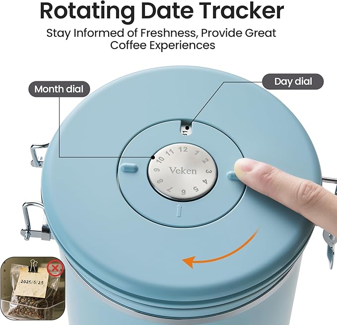 Veken Coffee Canister, 39OZ Large, Airtight Stainless Steel Food Storage Container for 2.2lbs Coffee Beans, Ground, Sugar, Tea, Cookie, Flour, Kitchen Bar Accessories with Date Tracker & Scoop, Blue