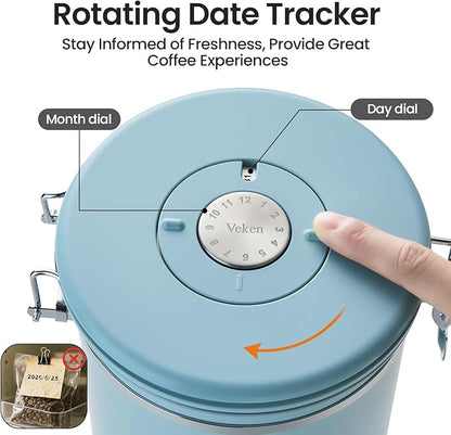 Veken Coffee Canister, 39OZ Large, Airtight Stainless Steel Food Storage Container for 2.2lbs Coffee Beans, Ground, Sugar, Tea, Cookie, Flour, Kitchen Bar Accessories with Date Tracker & Scoop, Blue